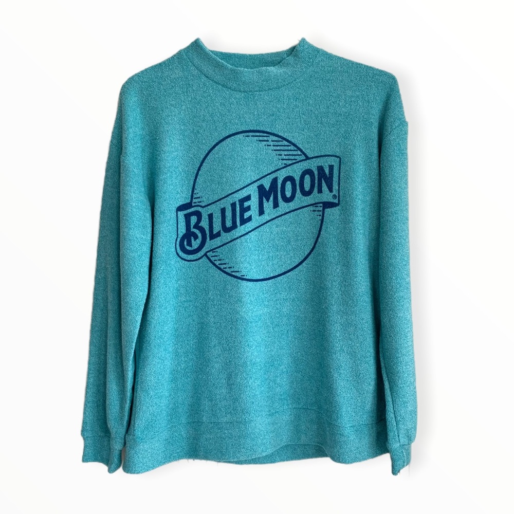 NWT Teal Terry Knit Mock Neck Blue Moon Logo Sweater